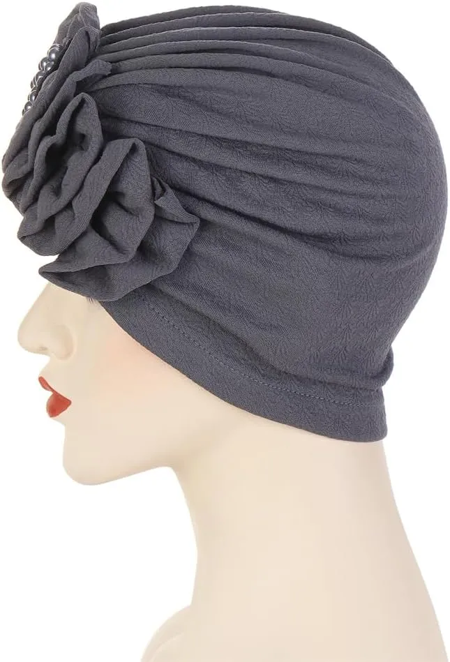 Chemo Turban Caps for Women - Bead Flower Solid Headwear Hats Pre Tied Headwraps for Cancer Patients