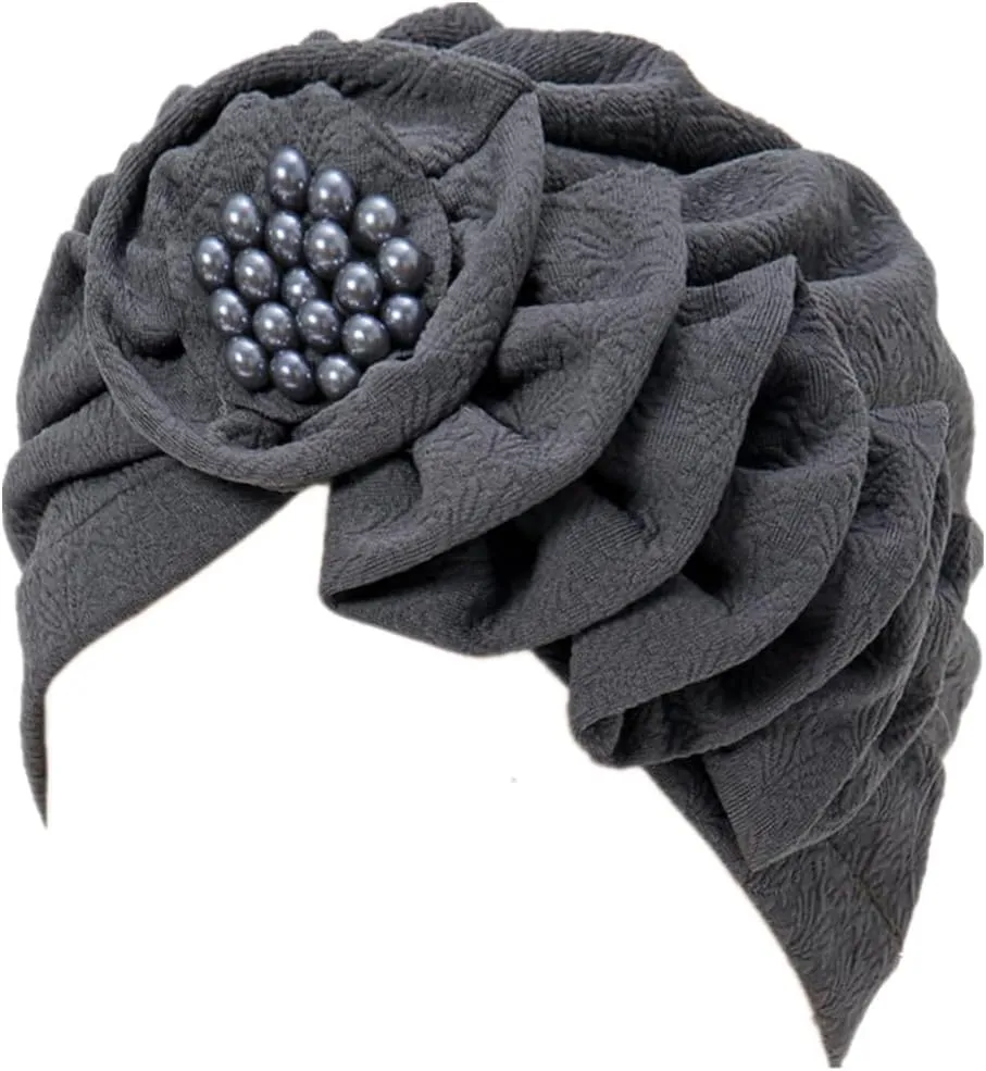 Chemo Turban Caps for Women - Bead Flower Solid Headwear Hats Pre Tied Headwraps for Cancer Patients