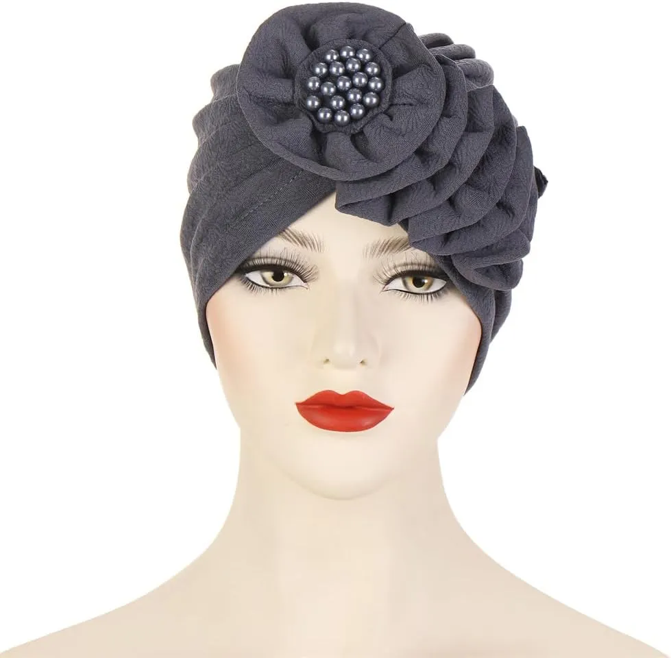 Chemo Turban Caps for Women - Bead Flower Solid Headwear Hats Pre Tied Headwraps for Cancer Patients
