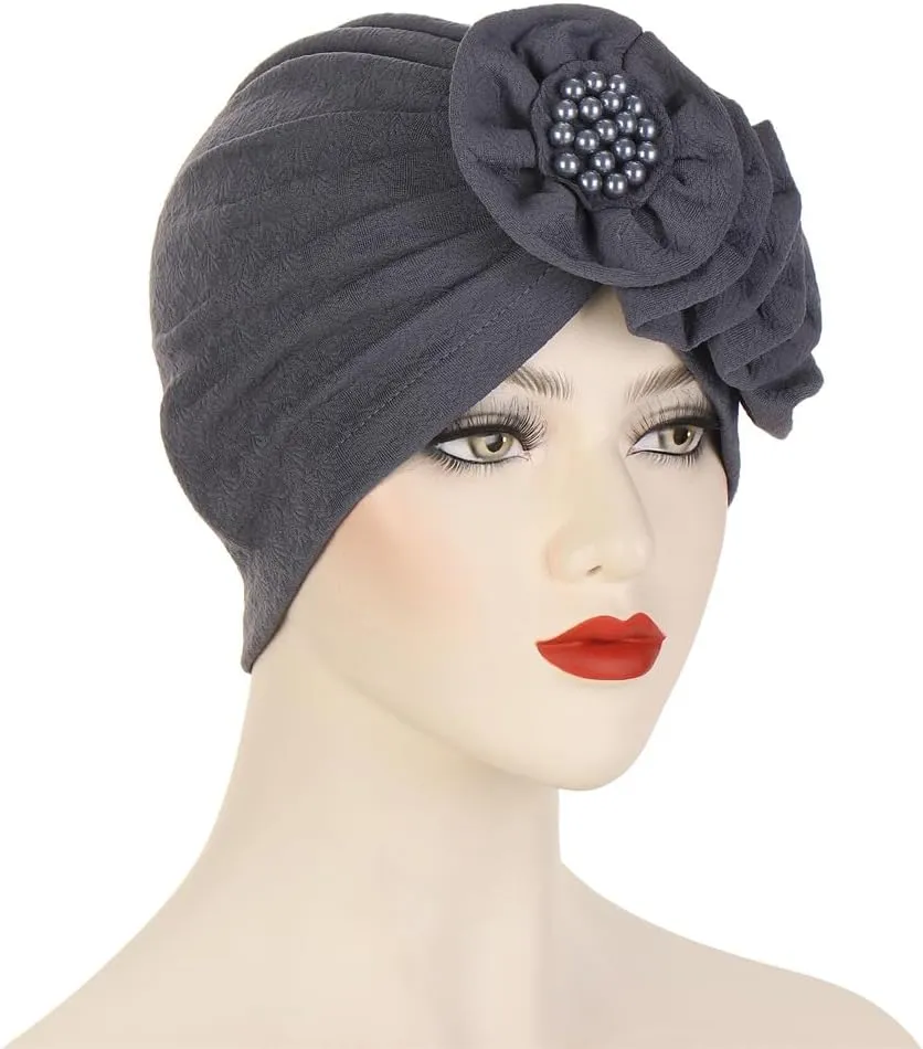 Chemo Turban Caps for Women - Bead Flower Solid Headwear Hats Pre Tied Headwraps for Cancer Patients