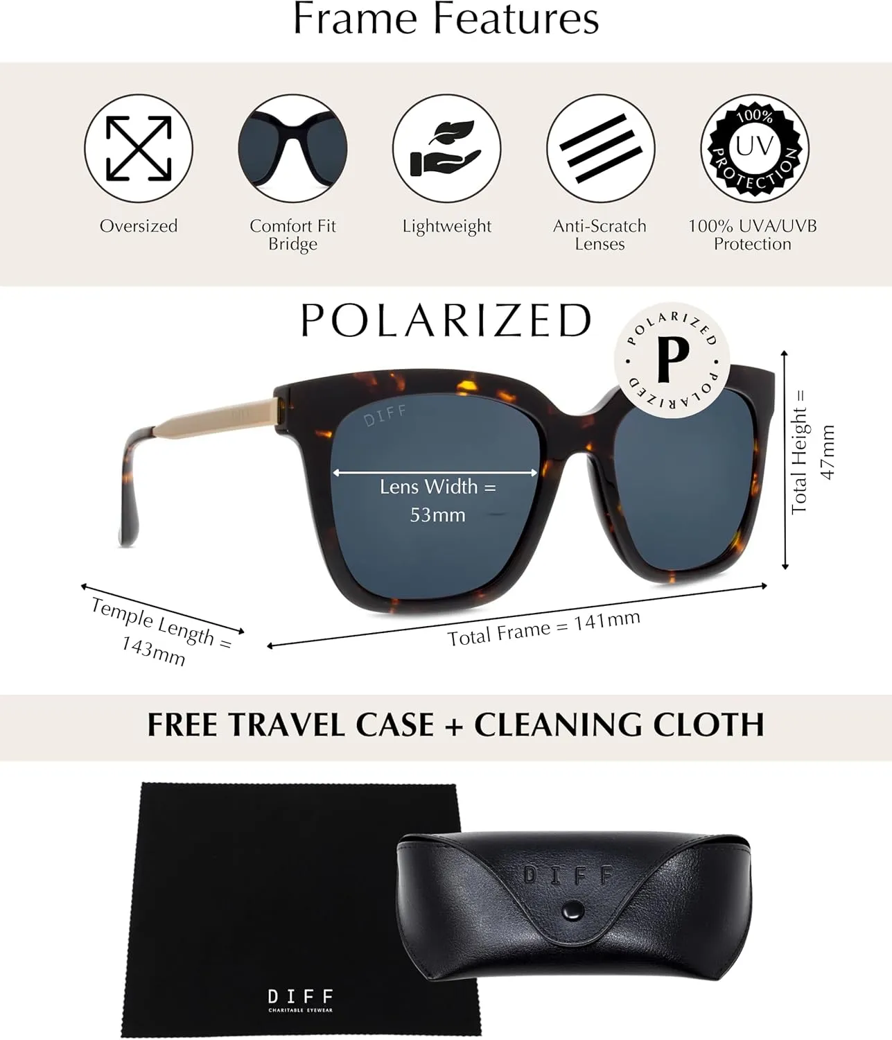 DIFF Bella Designer Square Oversized Sunglasses for Women UV400 Protection, Tortoise frame w/giftable travel case