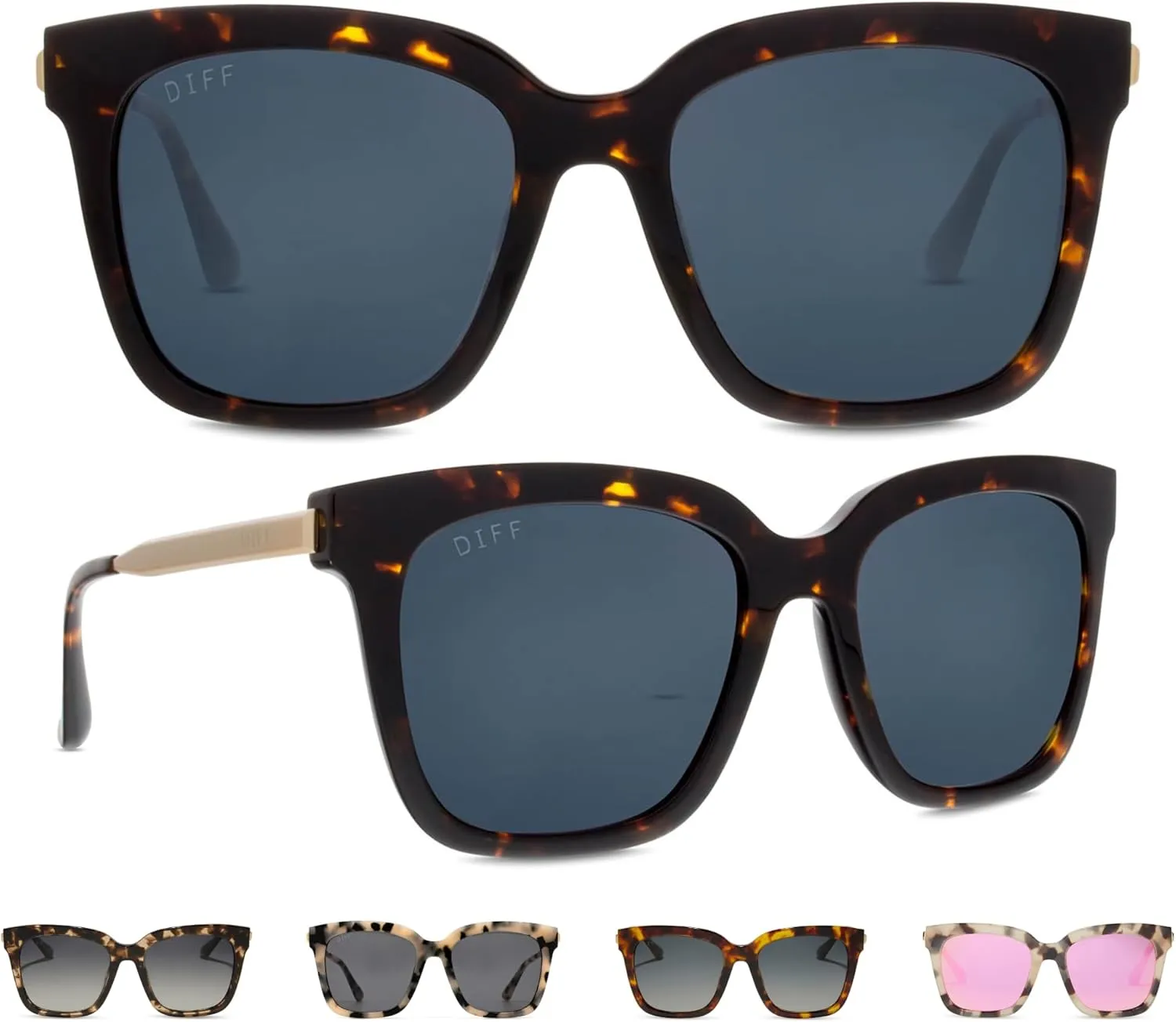 DIFF Bella Designer Square Oversized Sunglasses for Women UV400 Protection, Tortoise frame w/giftable travel case