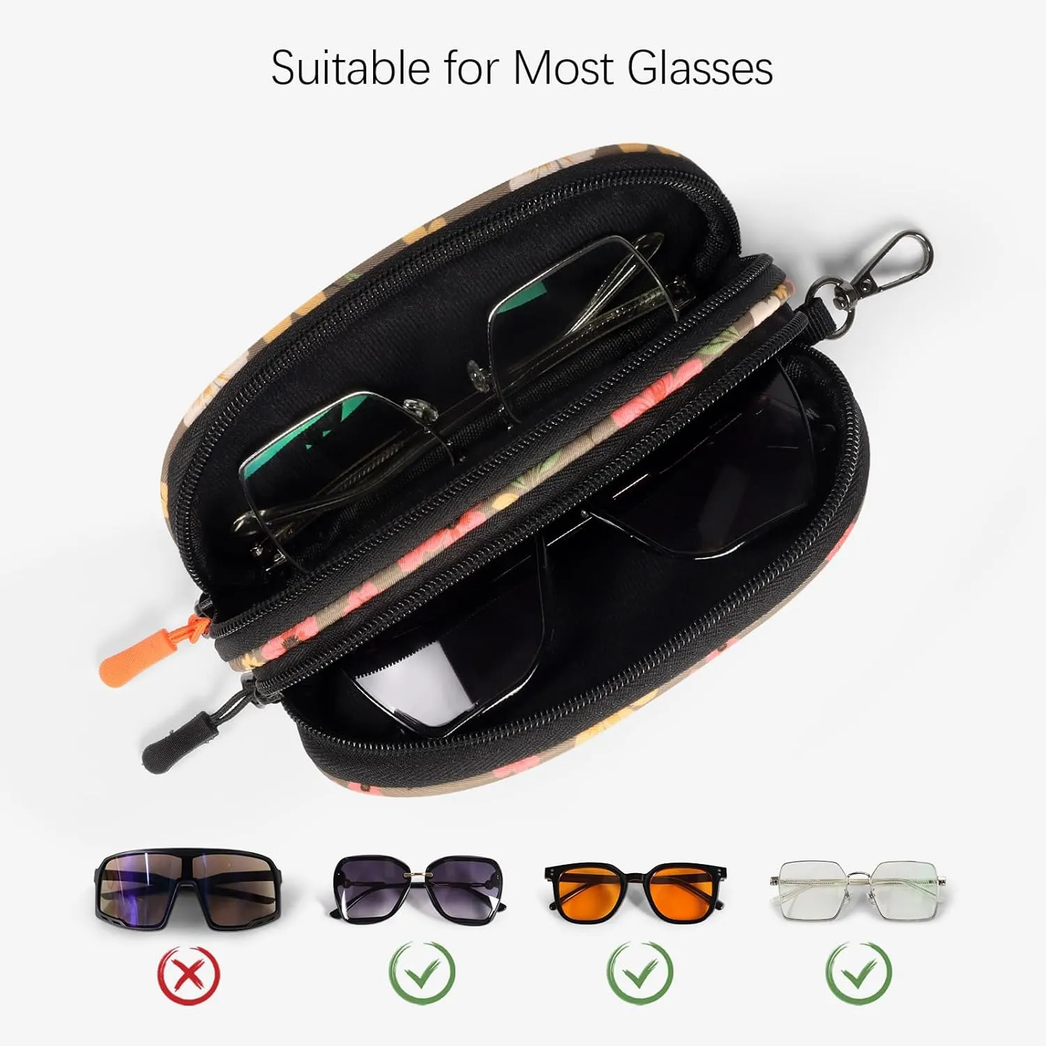 Double Eyeglasses Case Soft Portable Zipper Sunglasses Pouch with Keychain Clip for Men Women