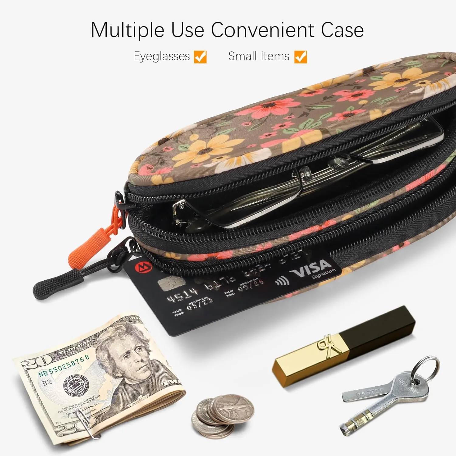 Double Eyeglasses Case Soft Portable Zipper Sunglasses Pouch with Keychain Clip for Men Women
