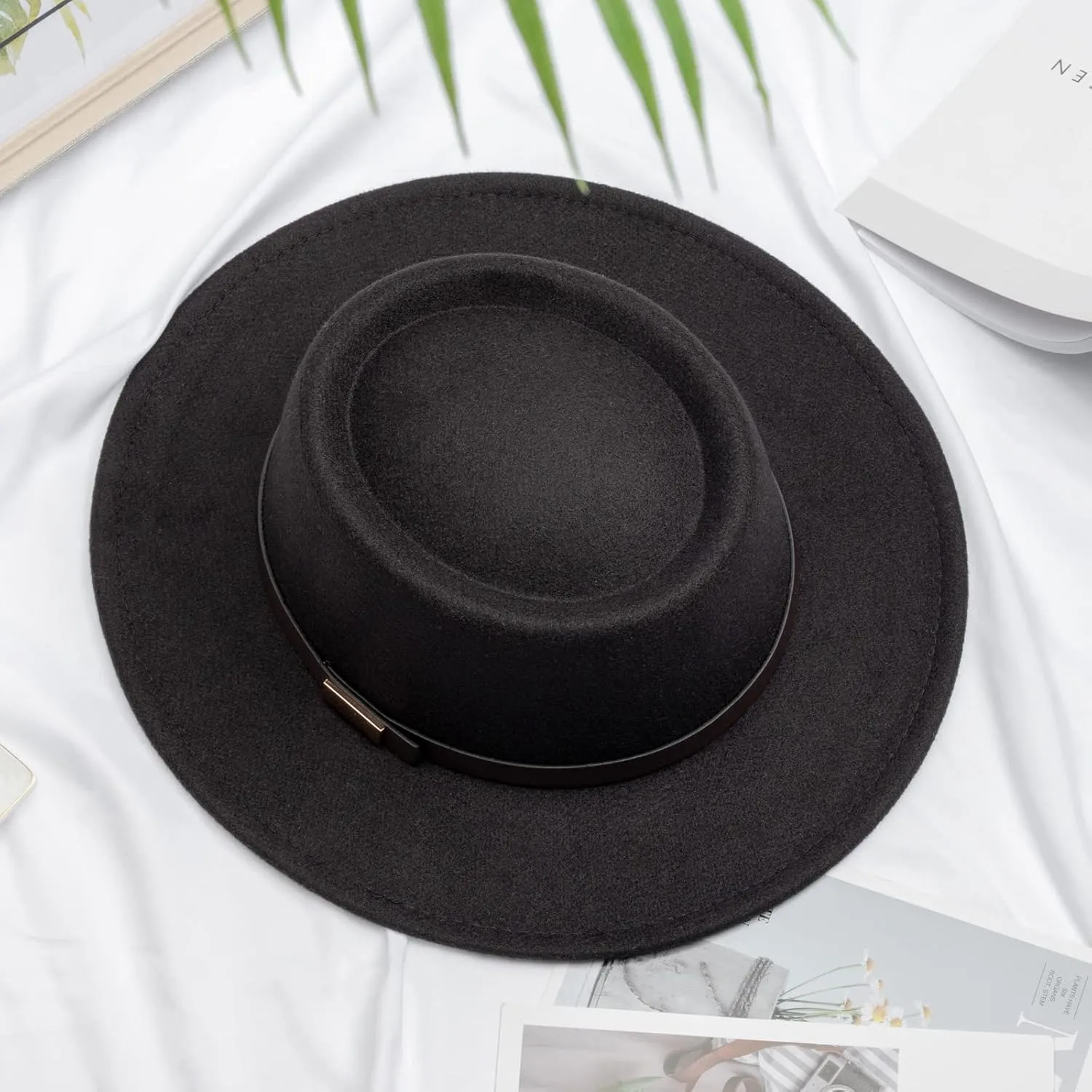 DRESHOW Women Classic Felt Fedora Wide Brim Floppy with Belt Buckle Panama Hat