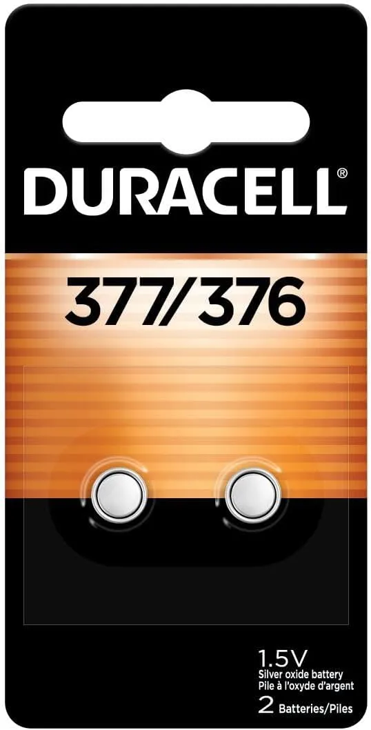 Duracell 377/376 Silver Oxide Button Batteries, 2 Count (Pack of 1), Battery with Long-Lasting Power for Watches, Calculators, and More