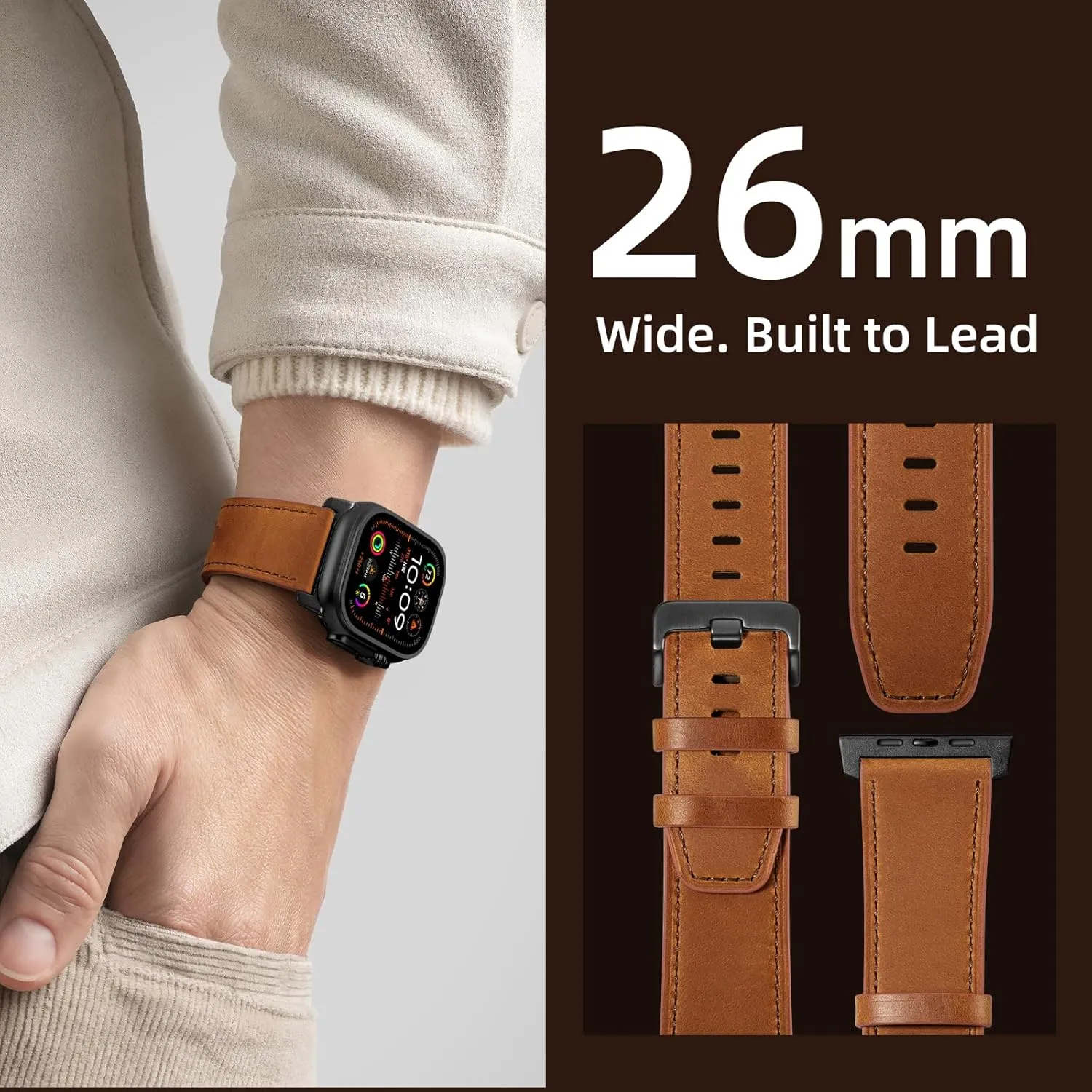 Easuny Leather Band Compatible with Apple Watch Ultra 2 Bands for Men 49mm 46mm 45mm 44mm 42mm, Top Grain Genuine Leather Strap for iWatch Ultra Series 10 9 8 7 6 5 4 SE2 SE Brown