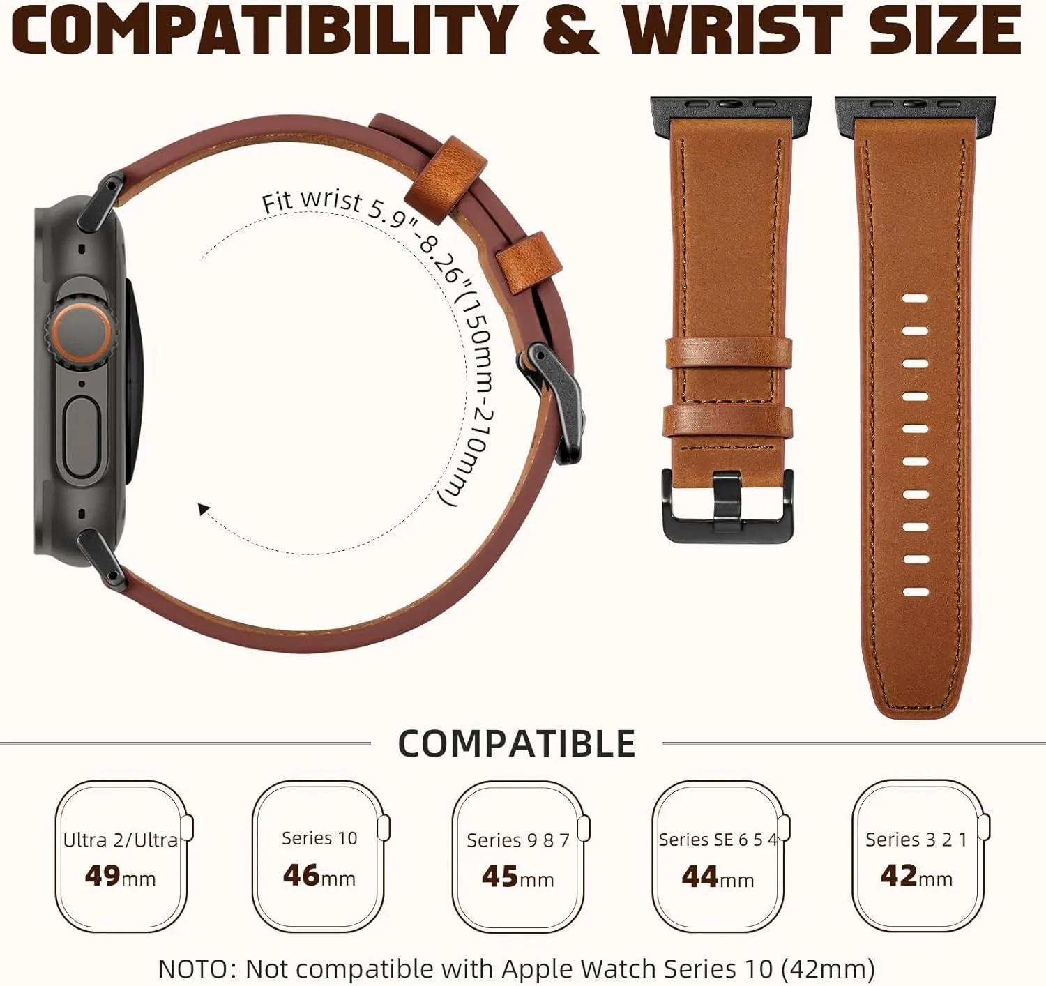 Easuny Leather Band Compatible with Apple Watch Ultra 2 Bands for Men 49mm 46mm 45mm 44mm 42mm, Top Grain Genuine Leather Strap for iWatch Ultra Series 10 9 8 7 6 5 4 SE2 SE Brown