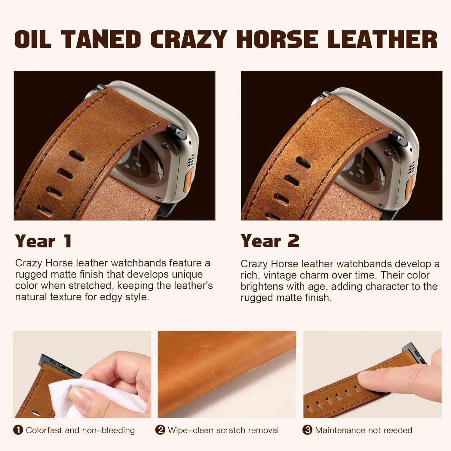 Easuny Leather Band Compatible with Apple Watch Ultra 2 Bands for Men 49mm 46mm 45mm 44mm 42mm, Top Grain Genuine Leather Strap for iWatch Ultra Series 10 9 8 7 6 5 4 SE2 SE Brown