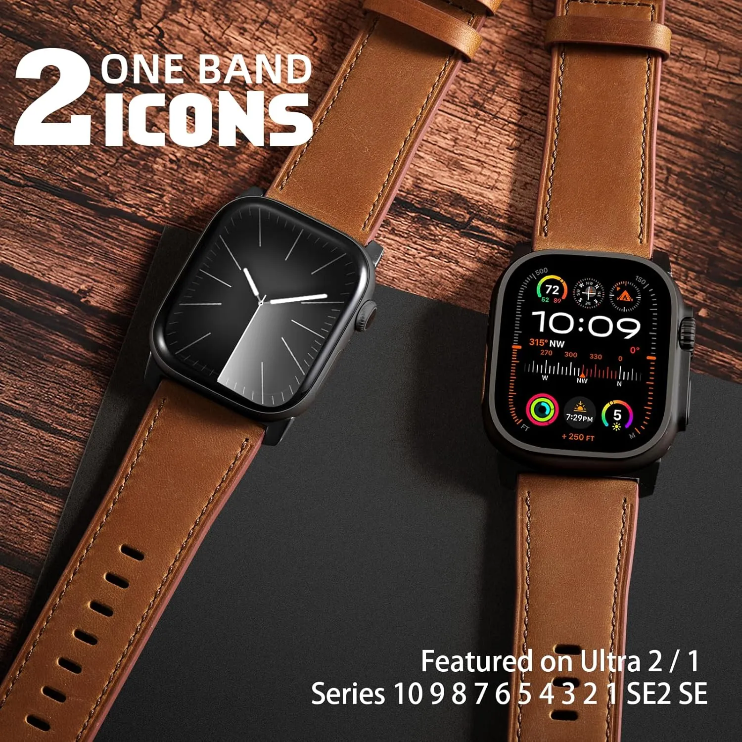 Easuny Leather Band Compatible with Apple Watch Ultra 2 Bands for Men 49mm 46mm 45mm 44mm 42mm, Top Grain Genuine Leather Strap for iWatch Ultra Series 10 9 8 7 6 5 4 SE2 SE Brown