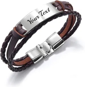 EDSG Personalized Mens Bracelet Custom Bracelets for Men Leather Engraved Bracelet Gift for Boyfriend Husband Dad Bestman Gift for Valentines Day Christmas, Birthday, Wedding, Anniversary, Father's Day