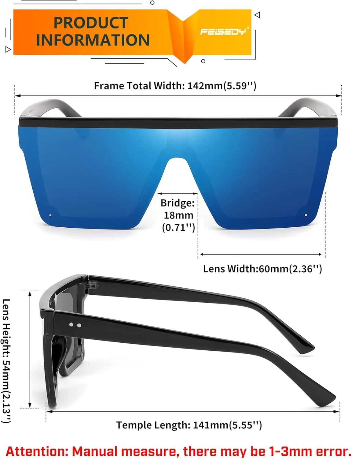 FEISEDY Oversized Sunglasses Mens Womens Flat Top Square Trendy Visor Shades UV400 B2470