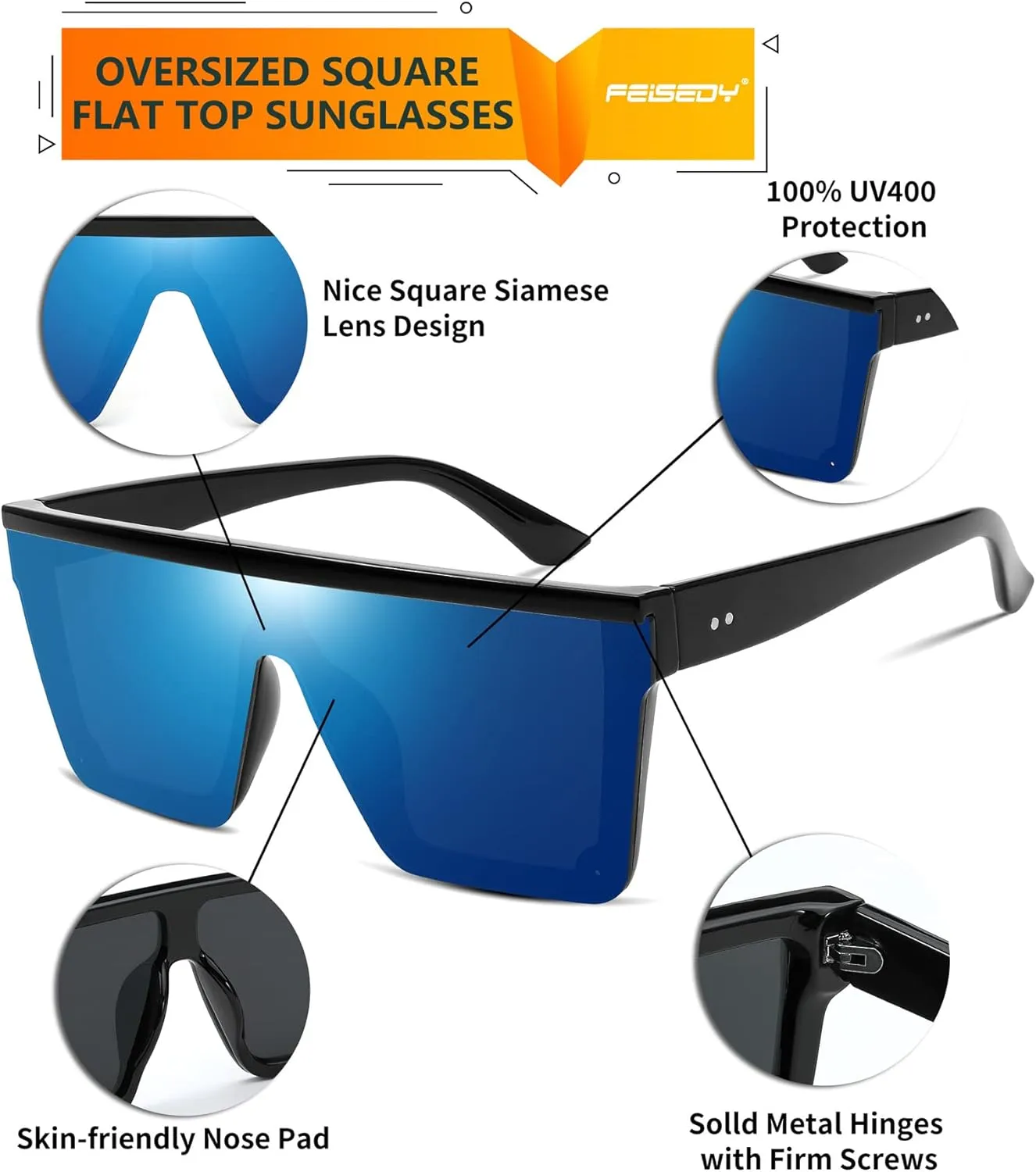 FEISEDY Oversized Sunglasses Mens Womens Flat Top Square Trendy Visor Shades UV400 B2470