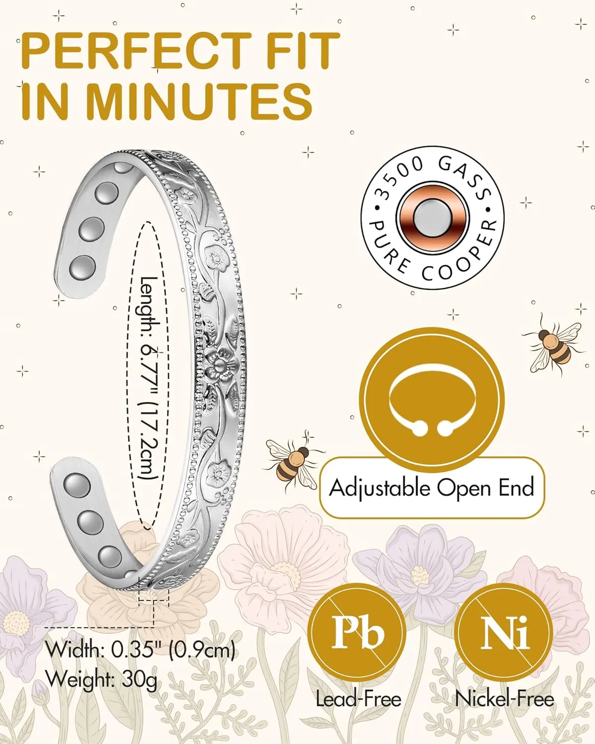 Feraco Copper Bracelet for Women, Ultra Strength Magnetic Bracelets, 99.99% Pure Copper Cuff Bangle with 3500 Gauss Neodymium Magnets, Adjustable (Silver)