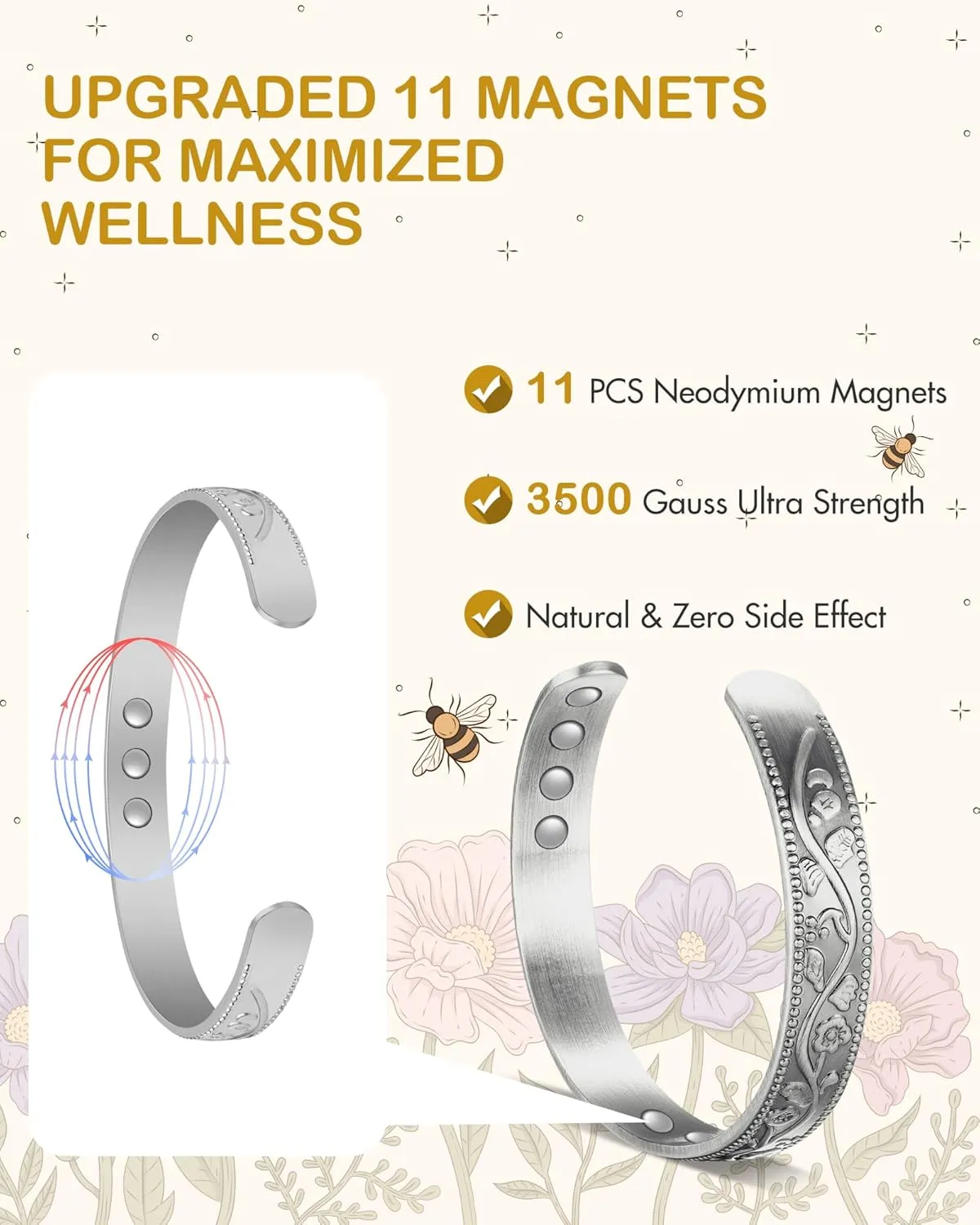 Feraco Copper Bracelet for Women, Ultra Strength Magnetic Bracelets, 99.99% Pure Copper Cuff Bangle with 3500 Gauss Neodymium Magnets, Adjustable (Silver)