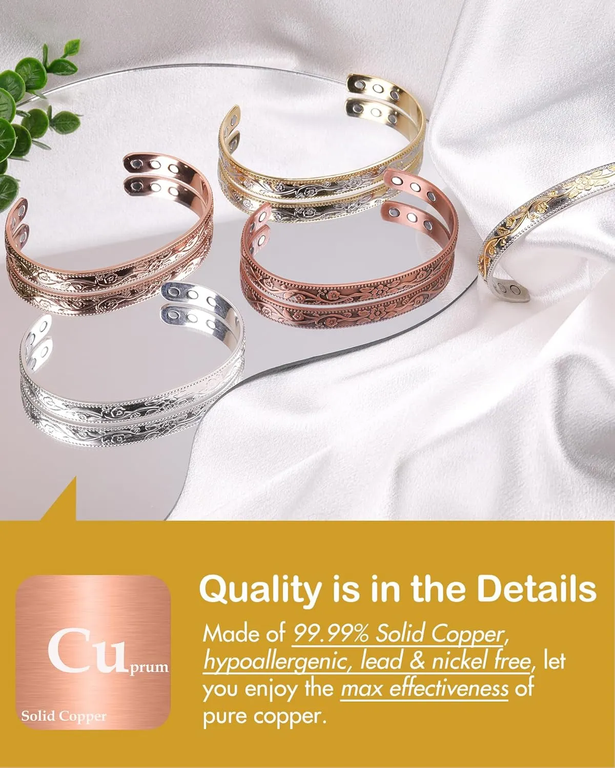 Feraco Copper Bracelet for Women, Ultra Strength Magnetic Bracelets, 99.99% Pure Copper Cuff Bangle with 3500 Gauss Neodymium Magnets, Adjustable, Vintage Flower Collection