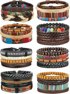 FIBO STEEL 31 Pcs Braided Leather Bracelets for Men Women Wooden Beads Cool Hemp Tribal Wristbands Cuff Punk Multilayered Bracelets