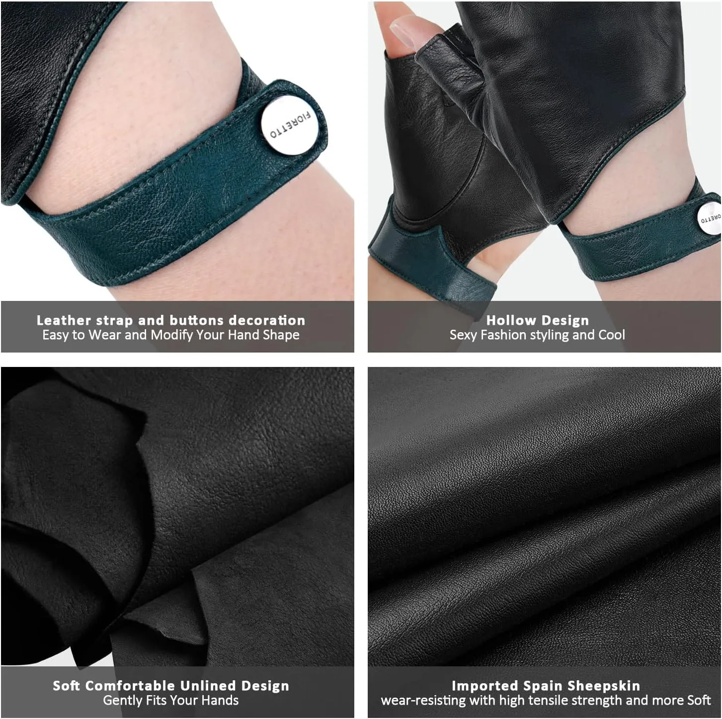 FIORETTO Womens Fingerless Leather Gloves for Driving Motorcycle Unlined Half Finger Gloves 200420