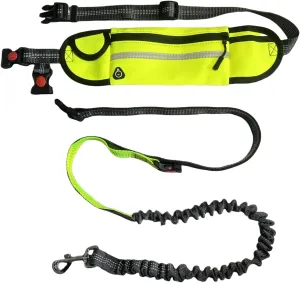 FJ Four Joys Hands Free Dog Leash with Zipper Pouch, Waist Leash for Dog Walking with Shock Absorbing Bungee for Walking, Jogging and Running (Yellow-Green)