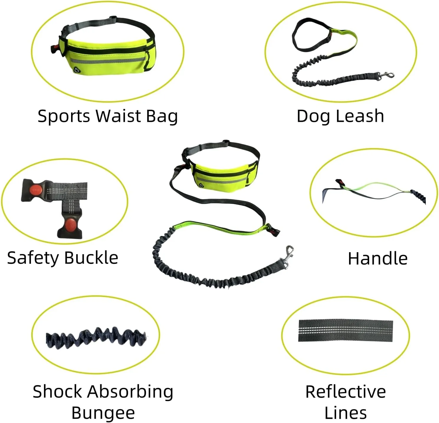 FJ Four Joys Hands Free Dog Leash with Zipper Pouch, Waist Leash for Dog Walking with Shock Absorbing Bungee for Walking, Jogging and Running (Yellow-Green)