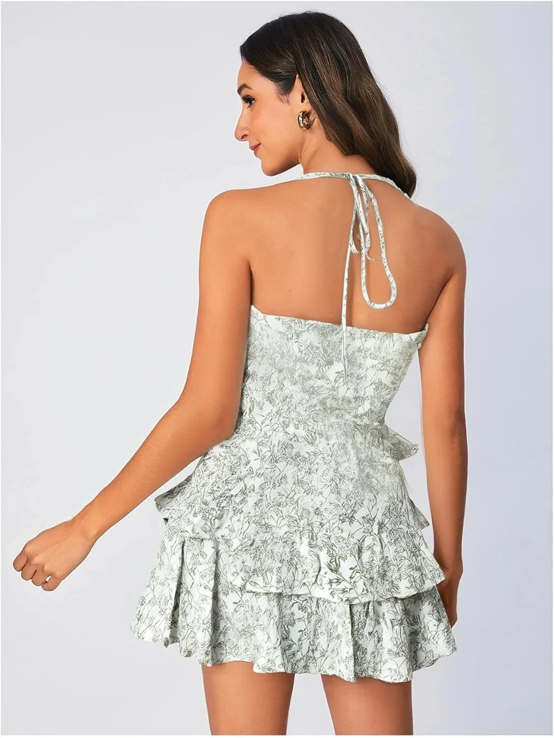 Floerns Women's Floral Print Sleeveless Halter Tie Back Layered Hem Cami Mini Dress