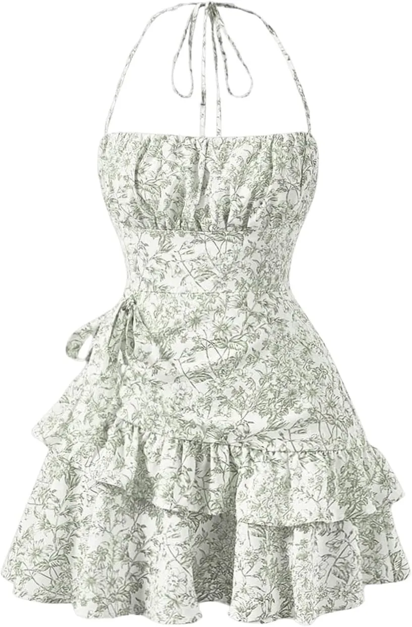 Floerns Women's Floral Print Sleeveless Halter Tie Back Layered Hem Cami Mini Dress