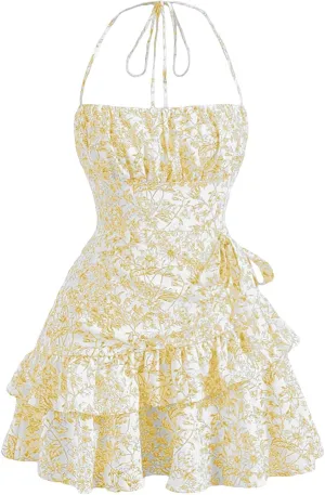 Floerns Women's Floral Print Sleeveless Halter Tie Back Layered Hem Cami Mini Dress
