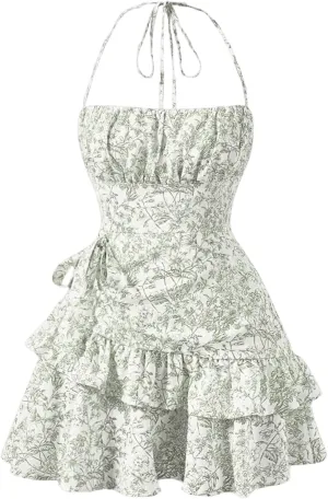 Floerns Women's Floral Print Sleeveless Halter Tie Back Layered Hem Cami Mini Dress