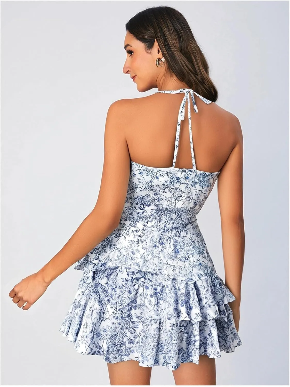 Floerns Women's Floral Print Sleeveless Halter Tie Back Layered Hem Cami Mini Dress