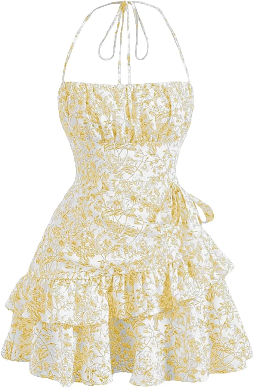 Floerns Women's Floral Print Sleeveless Halter Tie Back Layered Hem Cami Mini Dress
