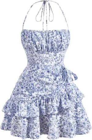 Floerns Women's Floral Print Sleeveless Halter Tie Back Layered Hem Cami Mini Dress