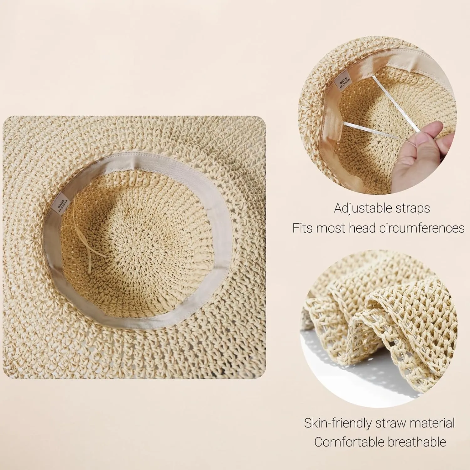 Floppy Big Beach Straw Hats for Women Foldable Summer Wide Brim Packable Sun Hat Womens Travel Straw Fedora Hat