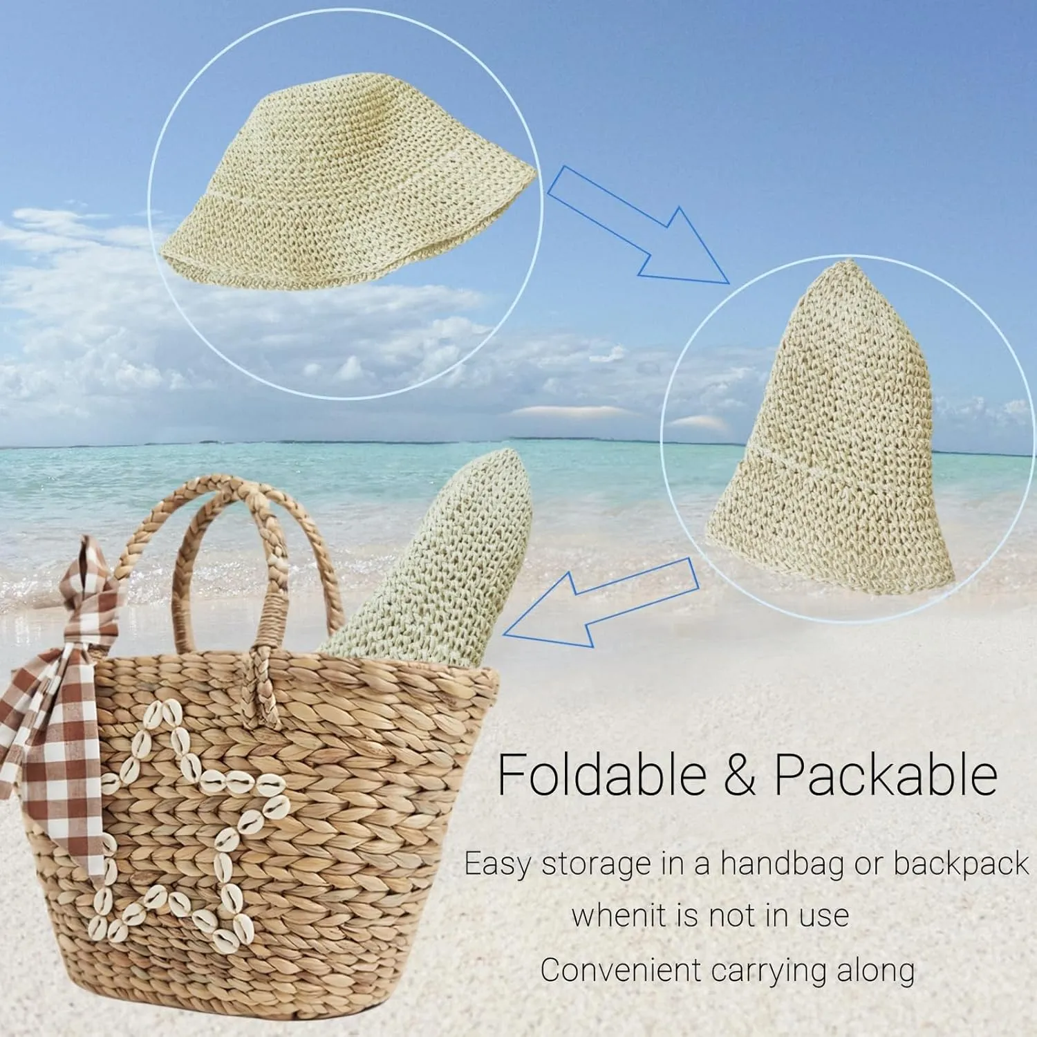 Floppy Big Beach Straw Hats for Women Foldable Summer Wide Brim Packable Sun Hat Womens Travel Straw Fedora Hat