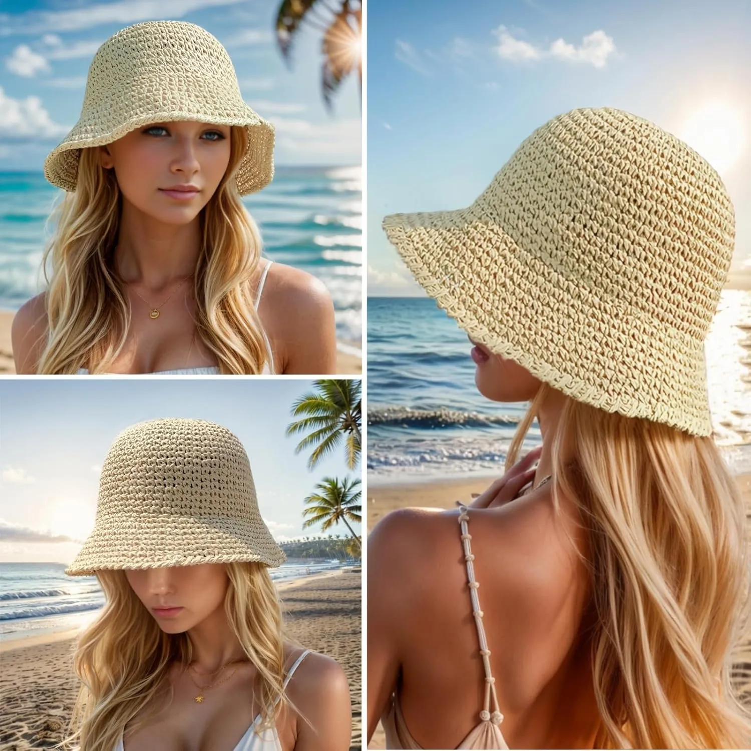 Floppy Big Beach Straw Hats for Women Foldable Summer Wide Brim Packable Sun Hat Womens Travel Straw Fedora Hat