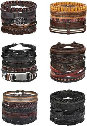 Florideco 30PCS Braided Leather Bracelets for Men Women Wrap Wood Beads Bracelet Woven Ethnic Tribal Rope Wristbands Bracelets Set Adjustable