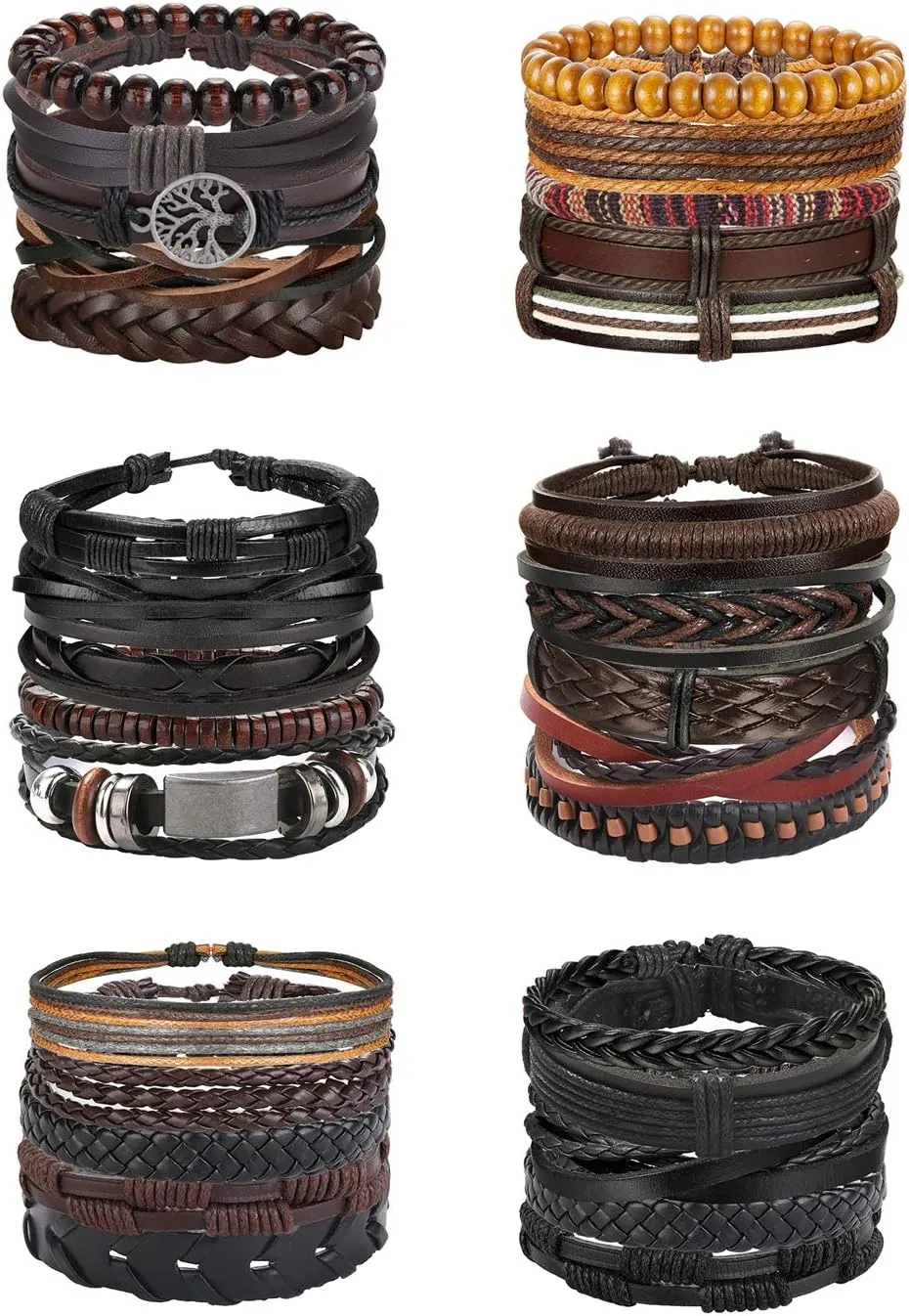Florideco 30PCS Braided Leather Bracelets for Men Women Wrap Wood Beads Bracelet Woven Ethnic Tribal Rope Wristbands Bracelets Set Adjustable