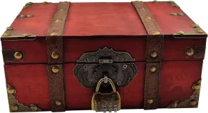 Flylin Vintage Wooden Storage Box With Lock, Treasure Jewelry Chest Decorative Treasure Jewelry Chest Wooden Storage and Decorative Box Home Decoration Jewelry Storing Storage Organizer (Red)