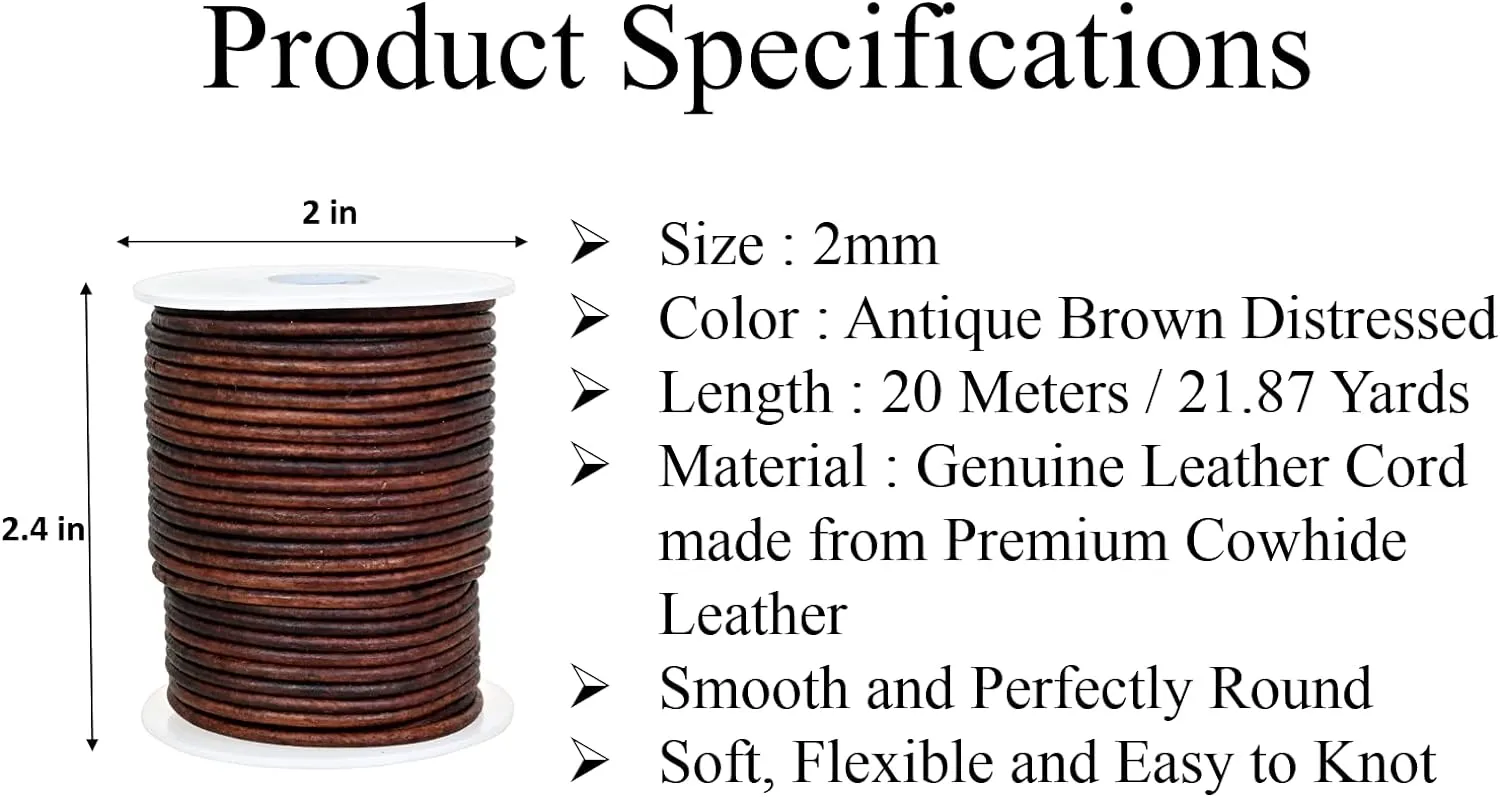 GENIQUE Real/Genuine Round Leather Cord for Jewelry Making, Leather String Cord for Crafting, Necklace, Bracelets, Braiding, Wraps (2mm, Antique Brown Distressed)