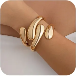 Gold Bangle Bracelets for Women Trendy Minimalist Chunky Cuff Statement Bracelet Stack 18K Gold Plated Thick Arm Cuffs Bangles Fashion Cute Jewelry