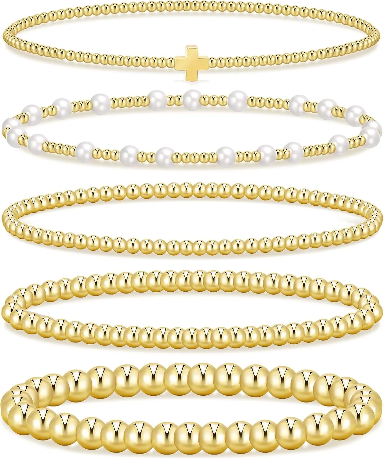 Gold Beaded Bracelets for Women, 14K Real Gold Plated Jewelry for Women Dainty Pearl Bead Bracelets Stack, Non Tarnish Trendy Stackable Ball Cross Stretch Bracelet Set Fashion Accessories Gifts for Women