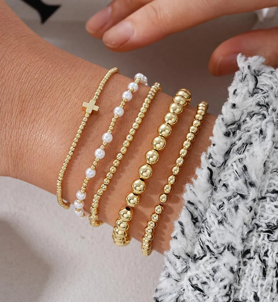 Gold Beaded Bracelets for Women, 14K Real Gold Plated Jewelry for Women Dainty Pearl Bead Bracelets Stack, Non Tarnish Trendy Stackable Ball Cross Stretch Bracelet Set Fashion Accessories Gifts for Women