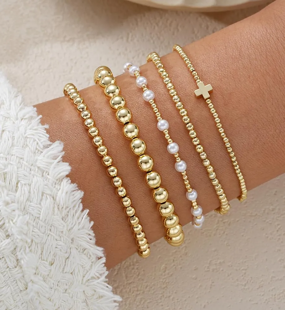 Gold Beaded Bracelets for Women, 14K Real Gold Plated Jewelry for Women Dainty Pearl Bead Bracelets Stack, Non Tarnish Trendy Stackable Ball Cross Stretch Bracelet Set Fashion Accessories Gifts for Women
