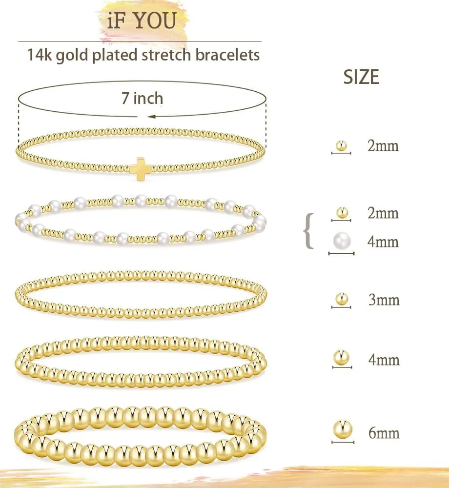 Gold Beaded Bracelets for Women, 14K Real Gold Plated Jewelry for Women Dainty Pearl Bead Bracelets Stack, Non Tarnish Trendy Stackable Ball Cross Stretch Bracelet Set Fashion Accessories Gifts for Women