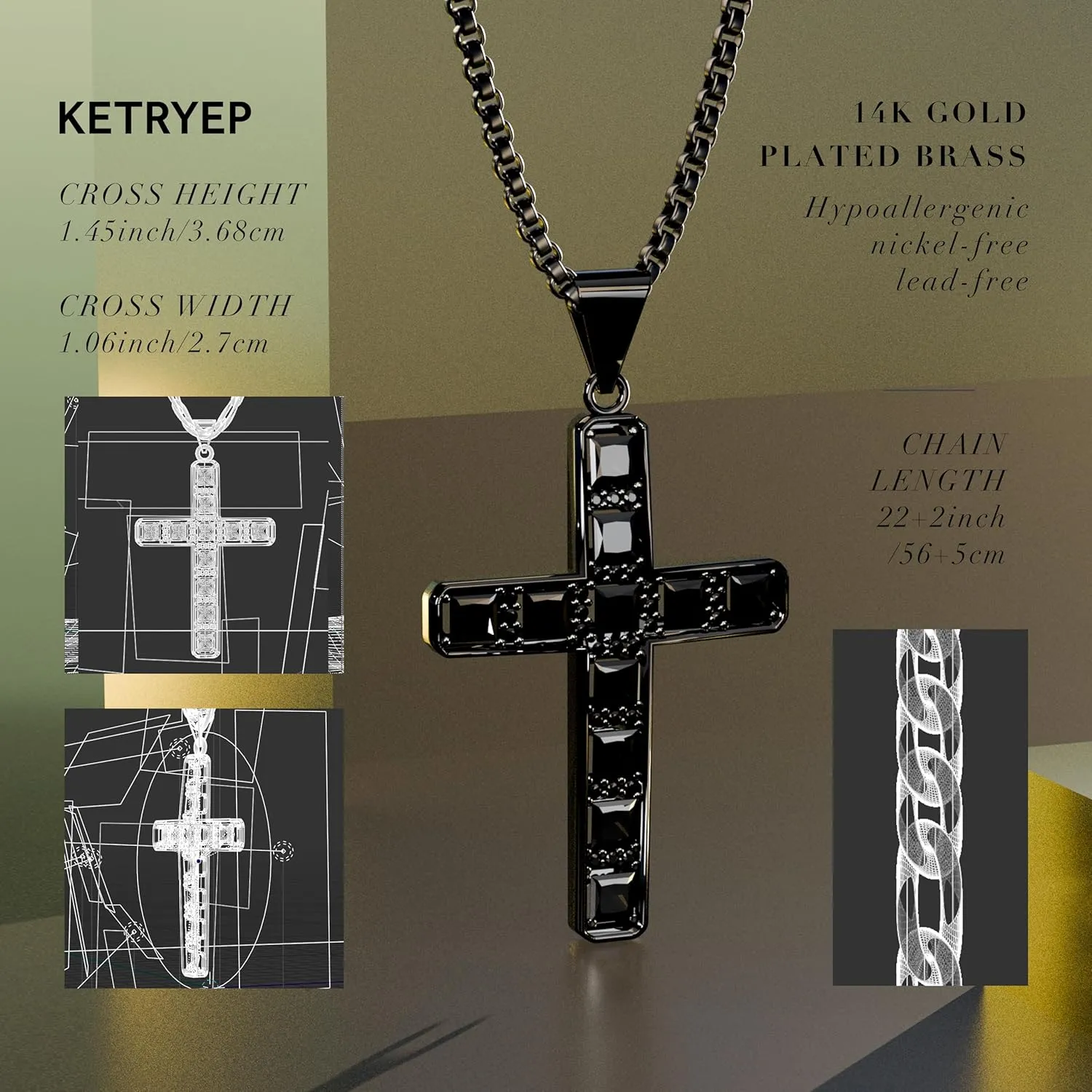 Gold Cross Necklace for Men 18K Silver Black Plated Iced Out Cubic Zirconia Mens Cross Pendant Stainless Steel Chain Religious Gift for Men