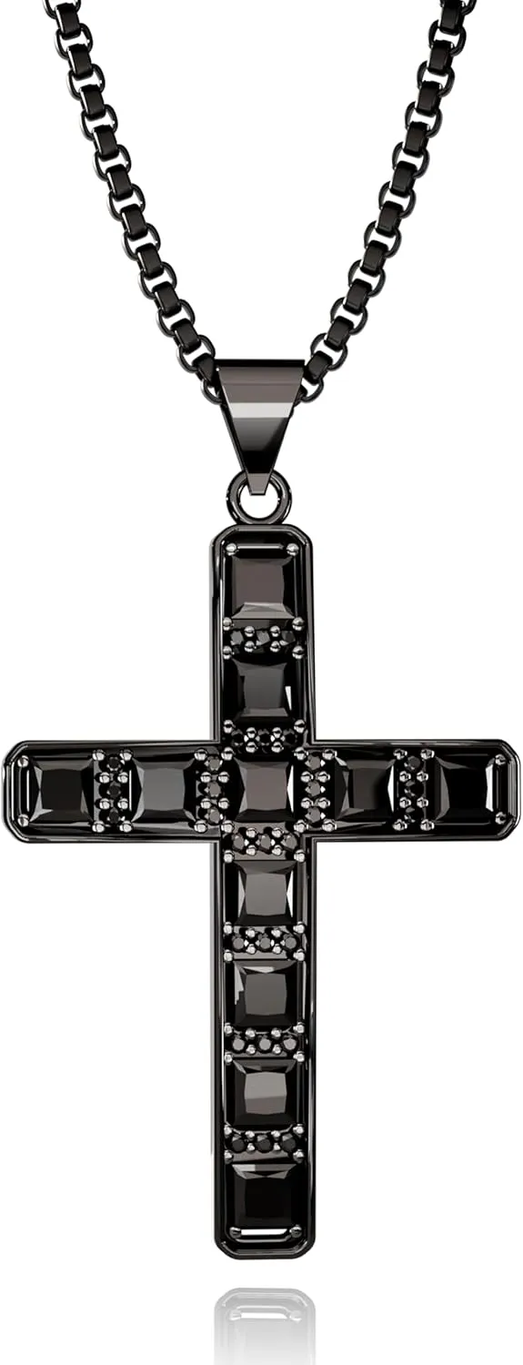 Gold Cross Necklace for Men 18K Silver Black Plated Iced Out Cubic Zirconia Mens Cross Pendant Stainless Steel Chain Religious Gift for Men