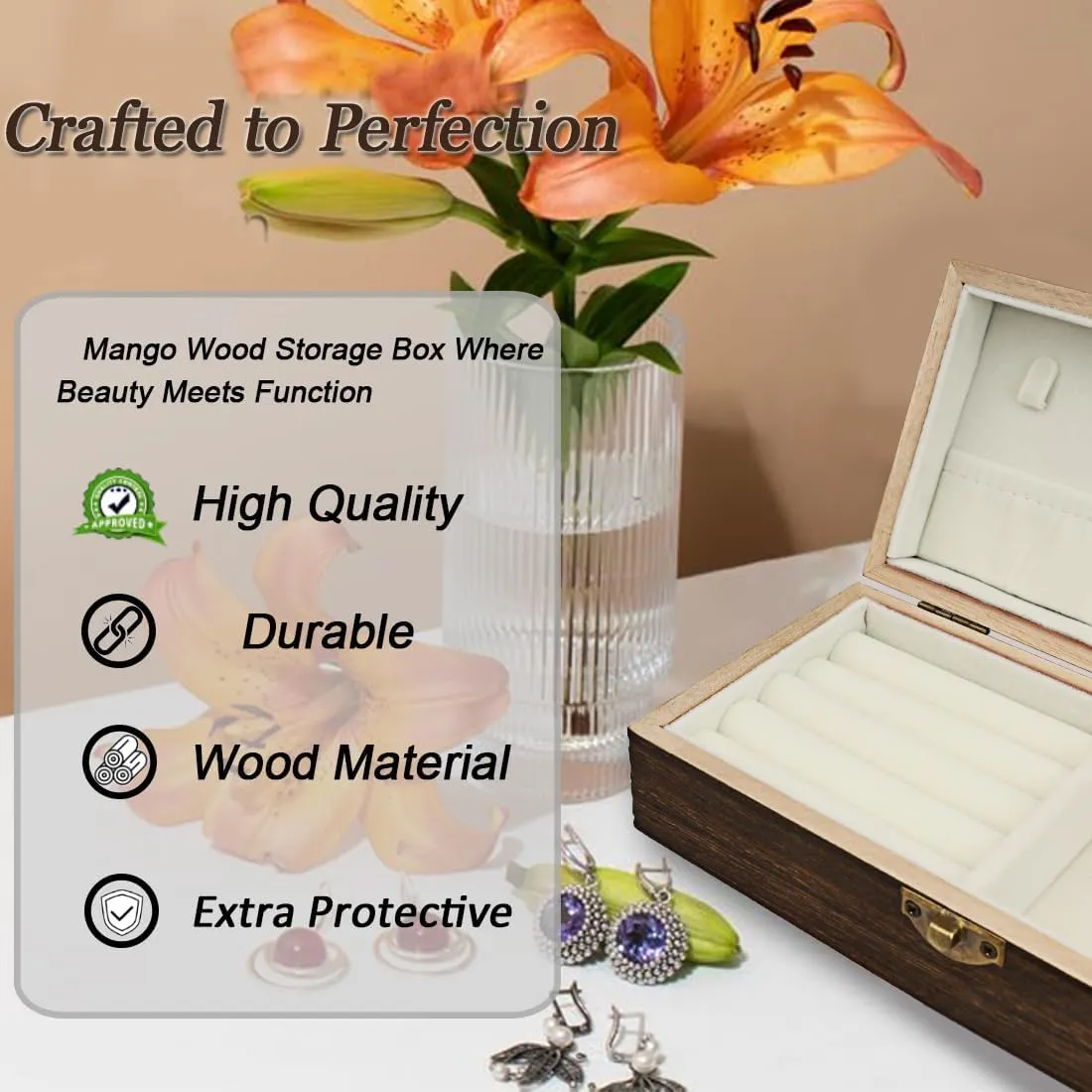 Handmade Wood Jewelry Box - Stylish Wood Travel Organizer for Women & Men, Unique Gift Ideas for Rings, Earrings, Necklaces & Bracelets, Flame Work Finish Brown