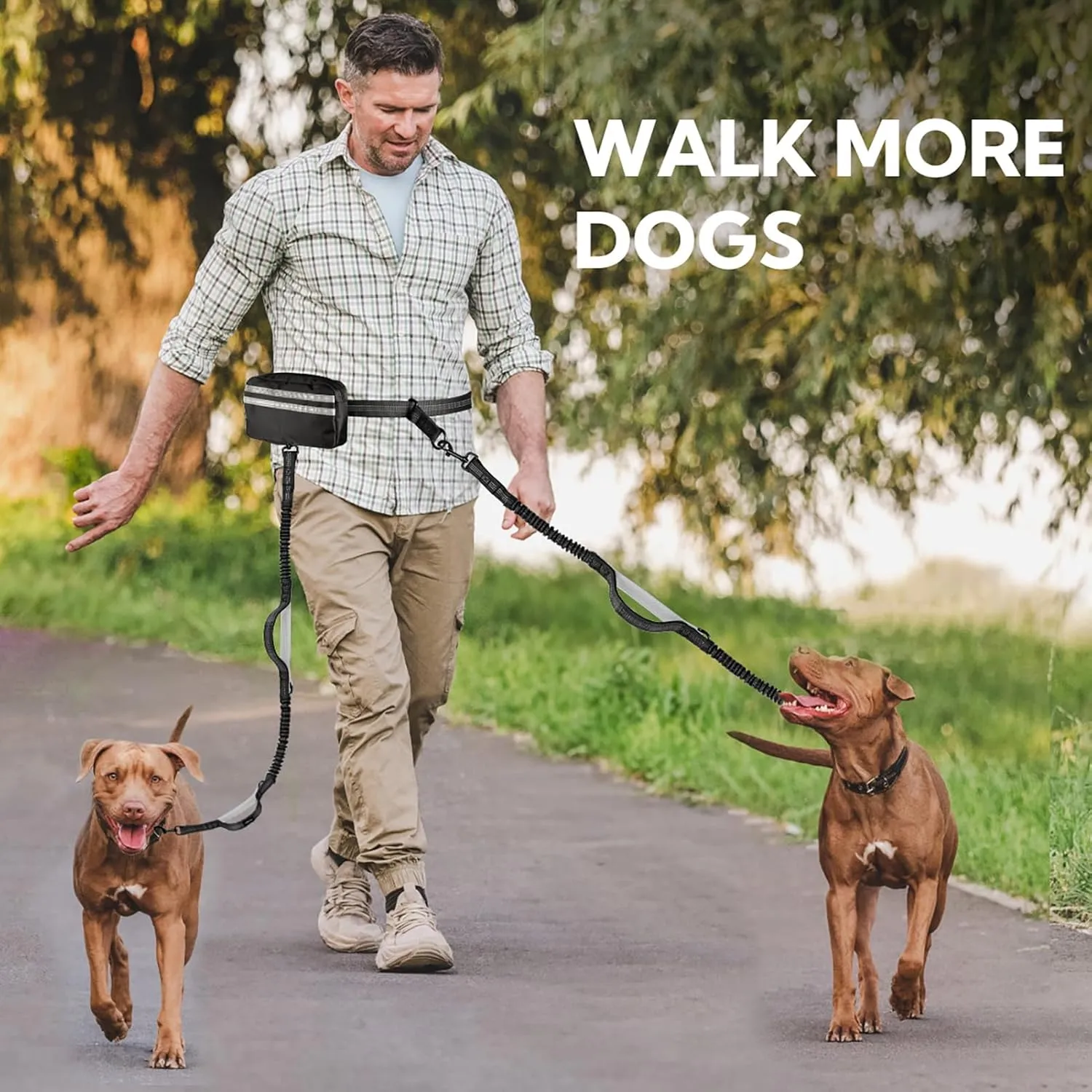 Hands Free Dog Leash with Pouch, Double Leash for Two Dogs, Retractable Bungee with Double Padded Handles, Dog Waist Leash for Dog Walking,Dog Walking Accessories,Black Grey
