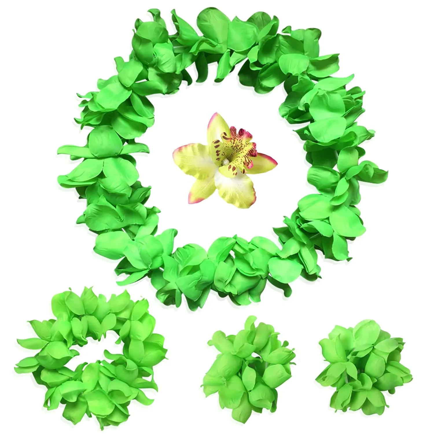 Hawaiian Leis Luau Tropical Headband Flower Crown Wreath Headpiece Wristbands Women Cute Floral Necklace Bracelets Hair Bands for Summer Beach Vacation Pool Party Decorations Favors Supplies Green