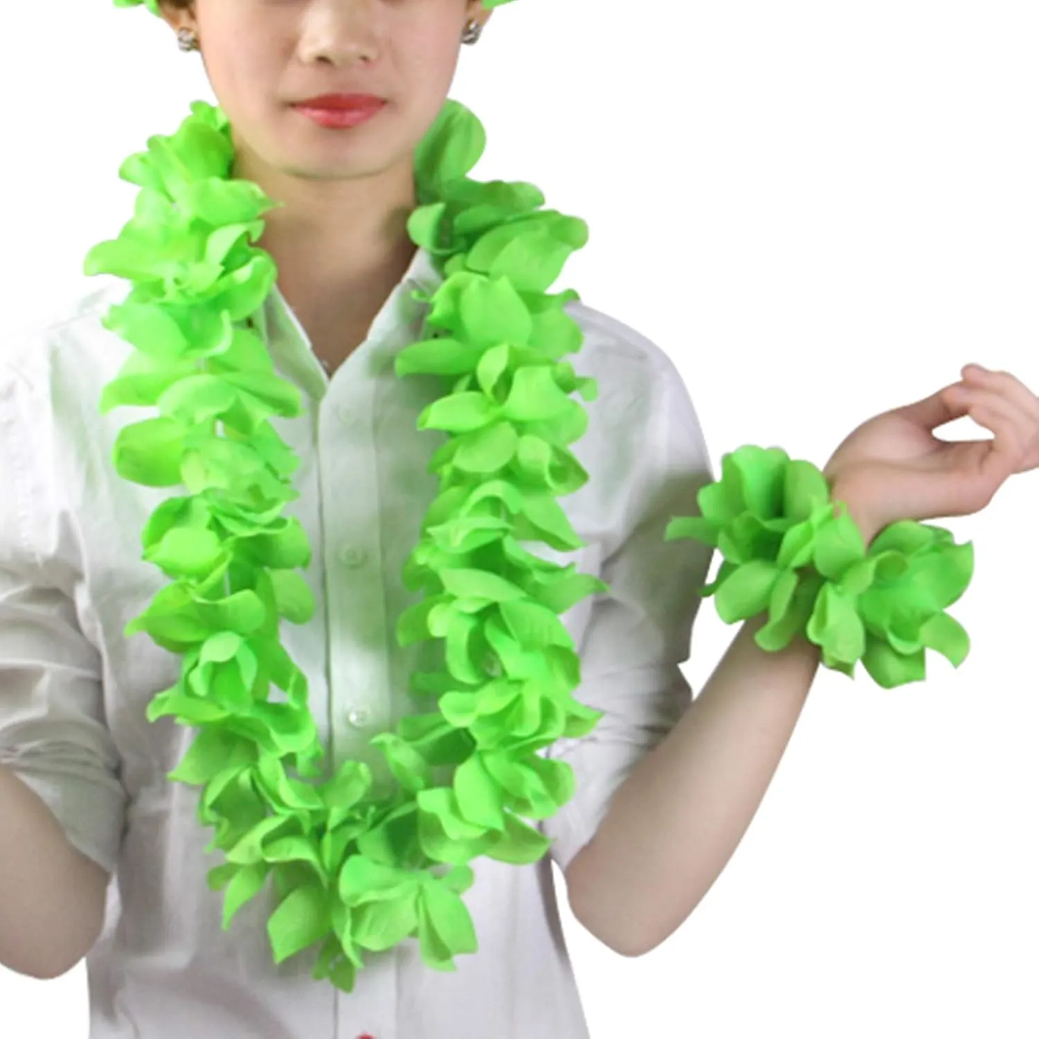 Hawaiian Leis Luau Tropical Headband Flower Crown Wreath Headpiece Wristbands Women Cute Floral Necklace Bracelets Hair Bands for Summer Beach Vacation Pool Party Decorations Favors Supplies Green