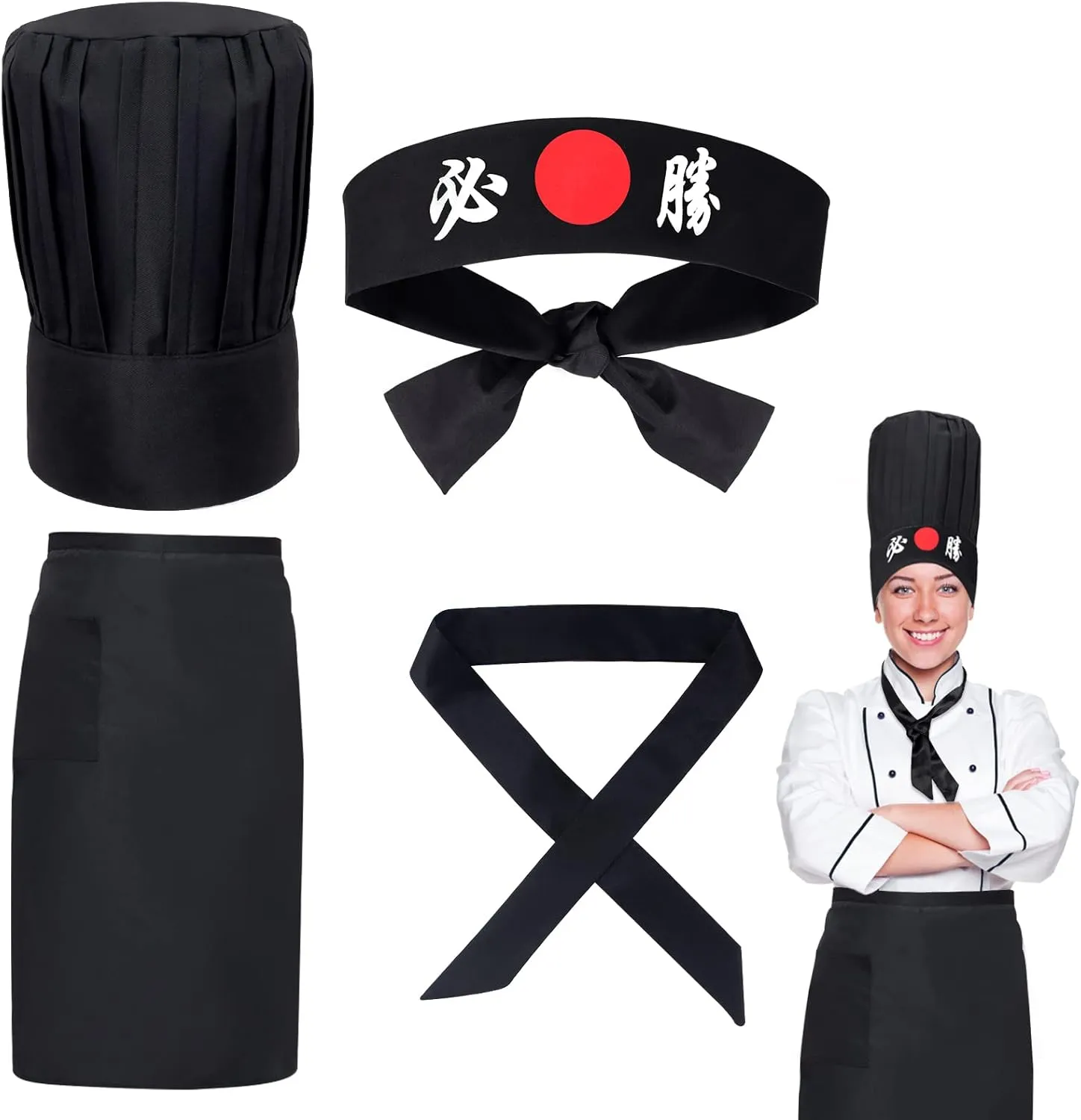 Hibachi Chef Hat Teppanyaki Tall Cap with Hachimaki Headband Tie Apron for Hibachi Party Costume